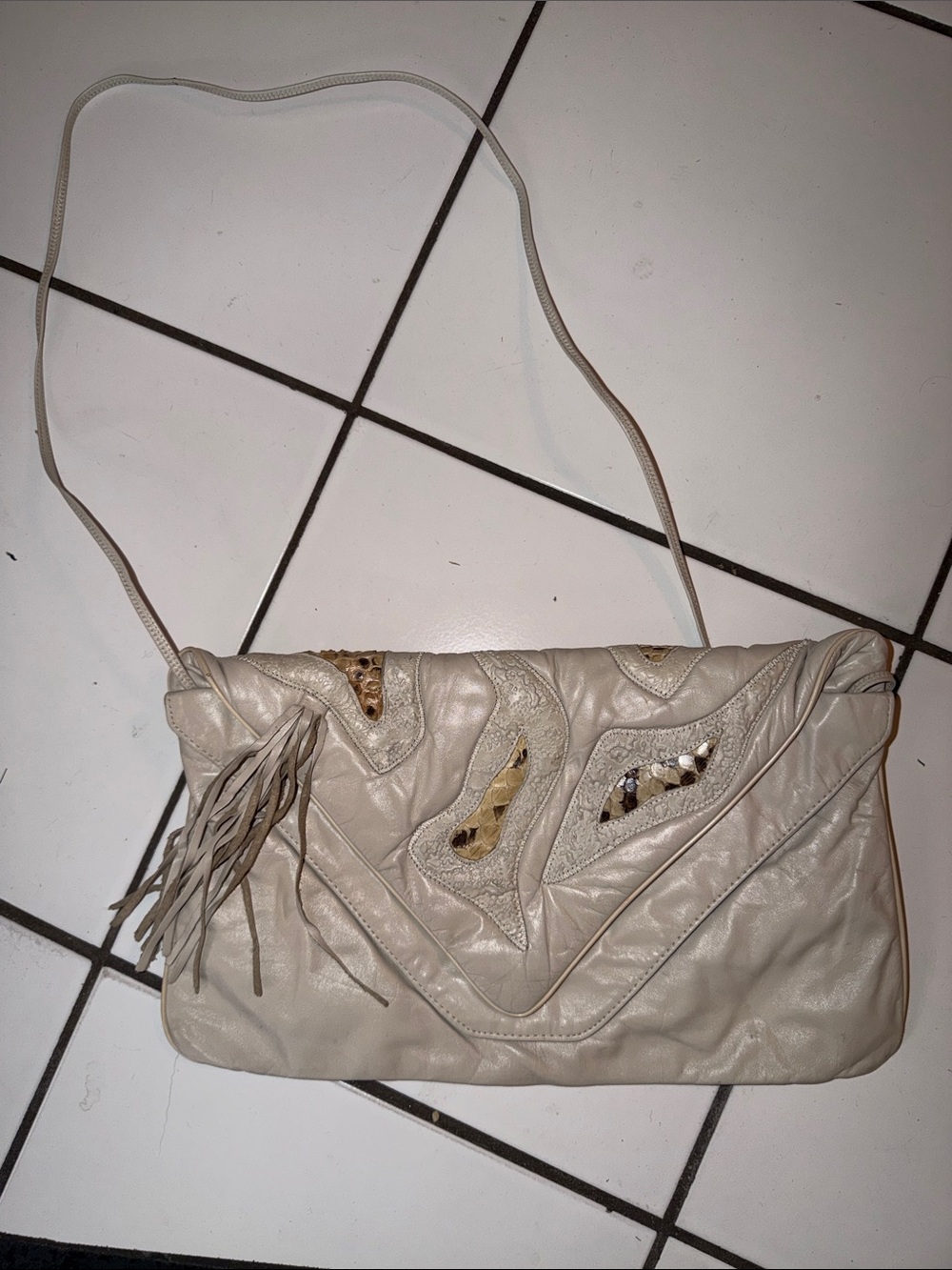 Ruth salty Cream Leather Shoulder Clutch with Tassel and Cutout Accents